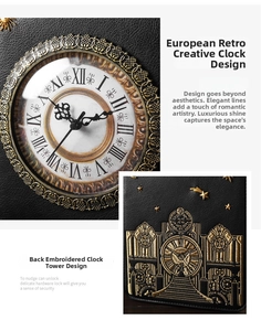 Detailed embroidery of a golden clock tower on the back of a vintage leather crossbody bag