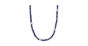 Close-up of faceted lapis lazuli and malachite beads with pink freshwater pearls