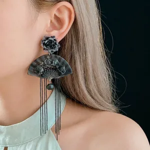 Vintage Chinese style fan earrings with rose studs and long beaded tassels in grey-black