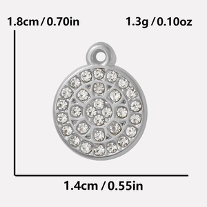 Detailed view of silver disc pendant with rhinestones including size and weight specs