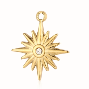 Makroaufnahme von goldfarbenem Nordstern-Anhänger aus Edelstahl mit funkelndem Diamant