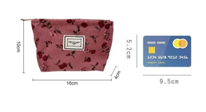 Detailed dimensions of floral corduroy makeup bag with size comparison to a credit card