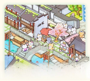 Detailed 3D layered scene showing traditional Suzhou cat town with cherry blossoms