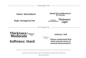 Size chart and specifications for wool blend newsboy cap with 57-61cm circumference