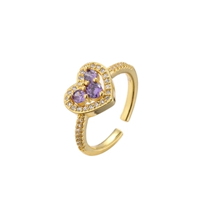 Anello cuore dorato regolabile con zirconi viola e scintillanti cristalli bianchi