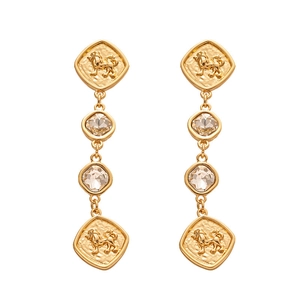 Vintage gold square lion drop earrings with champagne crystals in elegant French style