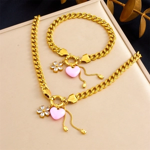 Collier Et Bracelet En Acier Inoxydable Plaqué Or 18K Femmes Pendentif Cœur Rose Fleur Strass Grosse Chaîne Bijoux