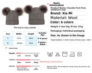 Size chart for knit beanie with dual pom poms showing dimensions and care instructions