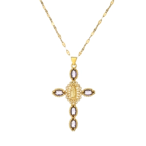 Collier pendentif croix religieuse dorée avec zircon violet et relief de la Vierge Marie
