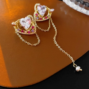 Boucles Oreilles Coeur Franges Cuivre Zircon Perle Eau Douce Avec Tige Argent Esthétique Française Bijoux Femmes