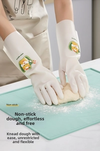 White anti-slip latex gloves featuring a squirrel pattern used for kneading dough in the kitchen