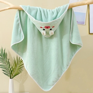 Close-up of soft mint green coral fleece baby hooded towel with cute animal embroidery