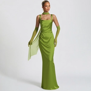 Detail of green satin evening dress with corset bodice and matching mesh gloves