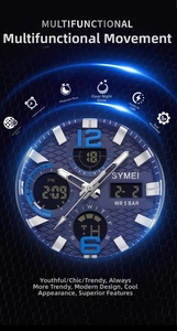 Detailed view of dual display sport watch dial with 50M water resistance and multi-functions