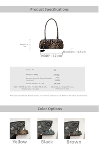 Detail view of leopard print shoulder bag with black bow charm and size dimensions