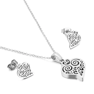 Polished stainless steel heart jewelry set with necklace and earrings in silver finish
