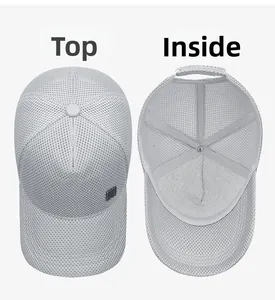 Detail view of breathable mesh baseball cap showing reinforced inner stitching and crown