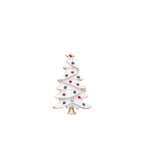 Elegant Christmas tree brooch with white enamel, gold trim, and colorful rhinestones