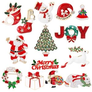 Christmas Brooches Enamel Alloy Rhinestone Holiday Party Decoration Cartoon Santa Tree Reindeer Snowman Pin For Unisex
