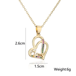 Close-up of 18K gold-plated Mom heart pendant with colorful zircon stones and dimensions