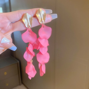 Elegant acrylic pink petal tassel earrings with golden leaf studs for women