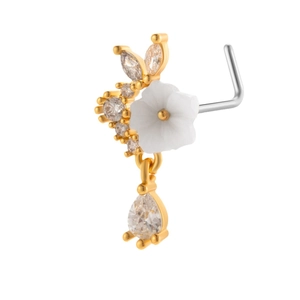 L-shaped gold nose stud featuring a white flower with dangling teardrop zircon crystal