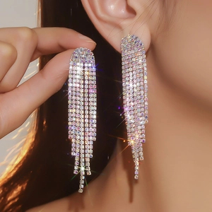 Elegant long tassel rhinestone earrings with a shimmering silver finish for women