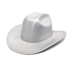 Detailed close-up of laser silver cowboy hat with shiny glitter finish and western brim