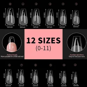 550pcs clear coffin fake nail tips in 12 sizes with detailed size chart for small nail beds
