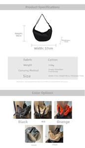 Size specifications and multi-color options for the large nylon crescent hobo crossbody bag