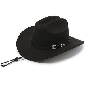 Classic black wool felt cowboy hat with silver buckle and adjustable chin strap