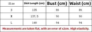 Detailed size chart for backless sheer slip dress showing measurements in centimeters