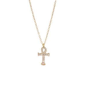 Gold plated Ankh cross pendant necklace with sparkling cubic zirconia on white background