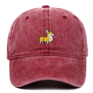 Close-up of vintage burgundy washed cotton baseball cap featuring cute corgi embroidery