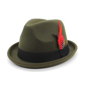 Detail of dark olive wool fedora hat featuring a black ribbon and bright orange feather