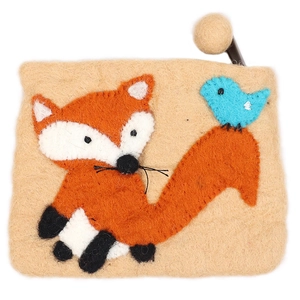 Cute handmade wool felt coin purse featuring 3D animal fox and small bird design