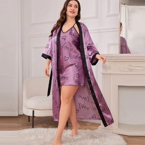 Plus Size Women Imitation Satin Satin Robe And Nightdress Leopard Print Love Pattern V-Neck Loungewear Sleepwear