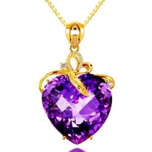 Heart Amethyst Pendant And Chain Necklace Copper Gold Plated With Zirconia Leaf Detail Romantic Jewelry Women