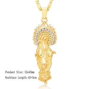 Religious Virgin Mary pendant necklace in gold finish with sparkling crystal accents