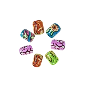 Detailed view of Halloween themed square nails with eyeball patterns and glossy finish