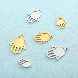 Hamsa Hand Pendant Stainless Steel Hand Of Fatima Charm Round Tray DIY Jewelry Making Inlay Base Trendy