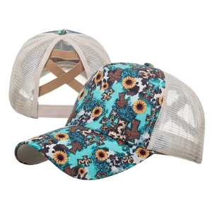 Detail of cross-elastic bands for high ponytail on mesh back sunflower baseball cap