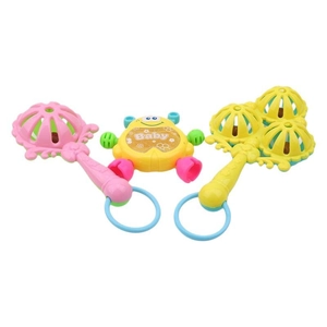 Set of three colorful baby rattle toys with crab and flower shapes for early sensory play