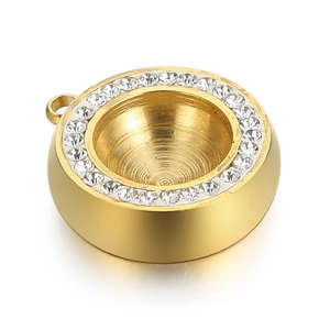 Polished gold-plated stainless steel round pendant with sparkling crystal rhinestone rim
