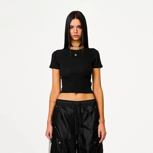 Slim Fit Cropped T-Shirt Embroidered Cross Star Pattern Cotton Lyocell Short Sleeve Streetwear Casual Top For Women