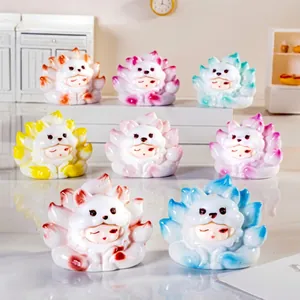 Luminous resin figurines collection featuring colorful multi-tail foxes in gradient shades