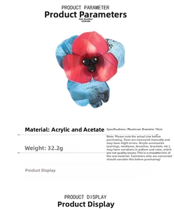 Detail of red and blue acrylic flower brooch with measurements and material specs