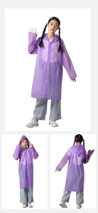 Three-view display of purple EVA hooded children's raincoat with white snap buttons