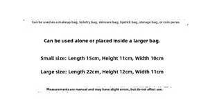 Detailed size chart showing dimensions for small and large floral makeup bags