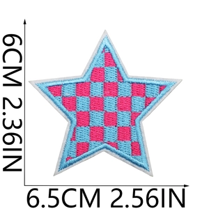 Detail of pink and light blue checkered star embroidered patch showing stitching and dimensions
